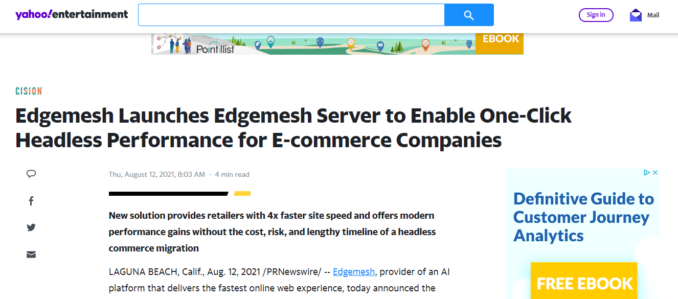 Edgemesh launches a one-click headless performance for ecommerce companies. 