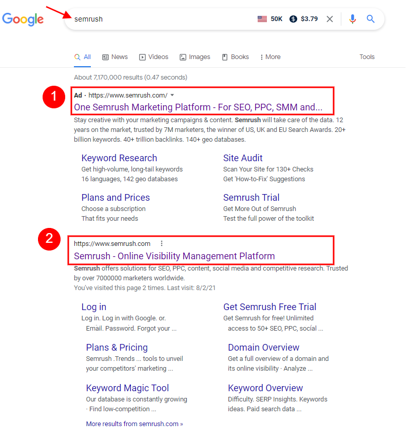 A comparisons between the landing pages from SEMRSUSH both on the ad on Google and the one that naturally directs to their website.
